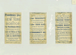 Trade cards depicting the steamboat Massachusetts making a trip from Boston to Providence, the Providence Line train traveling across a bridge, a steepled building and people gathered by a railroad track.