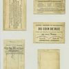 Trade cards depicting a rose with a girl's head, boys riding frogs, Little Red Riding Hood, the wolf, women in a boat and a man shooting another man while attempting to hit a rabbit.