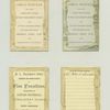 Trade cards depicting a moonlit house in the snow, a mountainous terrain, cranes, cabinet, curtains, screen, rug and vase.