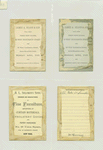 Trade cards depicting a moonlit house in the snow, a mountainous terrain, cranes, cabinet, curtains, screen, rug and vase.