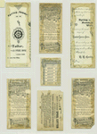 Trade cards depicting a pier, a windmill, women in kimonos, umbrellas, flowers, crane, peacock, older woman carrying packages and tug-of-war.