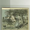 A folded trade card depicting the nursery rhyme 'hush-a-bye baby'; the front of the card shows the baby cradle in the tree, the open card depicts the cradle falling from the tree and a woman attempting to catch it.