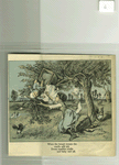 A folded trade card depicting the nursery rhyme 'hush-a-bye baby'; the front of the card shows the baby cradle in the tree, the open card depicts the cradle falling from the tree and a woman attempting to catch it.