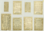 Trade cards depicting fairies, butterflies, angels, flowers, leaves, lily pads, flowers, a ladybug, a bottle, the earth, a fan and an acrobat writing with her feet.