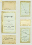Trade cards depicting sailboats, flowers, a woman looking in a mirror, jesters on crutches, pounding on a pan with spoons, a woman and man.