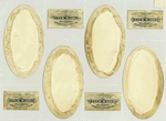 Cigarette cards entitled 'between the act and bravo' depicting actresses Marie Roze, Mlle Sarah Bernhardt, Kate Girard and Lizzie Harold ; oval shaped trade cards depicting flowers.