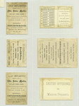 Trade cards depicting a horseshoe, men taking apart a clock, women dancing, a horn, knights and feathered hats.