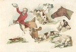 Mounted hunter, running dogs and a fox.