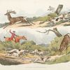 [A hunter with dogs chasing a stag.]