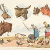 Two women feeding domestic birds, (also six heads of domestic and wild animals)
