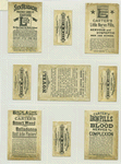 Cigarette card entitled 'between the acts & bravo' of Sarah Jewett, Clara Louise Kellogg and Clara Morris ; Trade cards depicting a moose, girls gathering flowers, boys playing the guitar and fishing.