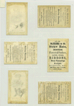 Trade cards depicting people carrying and selling fruit, children trying on adult clothing : collars, hats and boots.