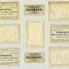 Cigarette cards entitled 'between the acts and bravo' of Mary Anderson and Mlle Sarah Berhardt ; trade cards depicting a woman trying on stockings, a women dancing with a hosiery hat, fans, a bee, a women in a new suit, sailboats, curtains, a nude boy, a vase of flowers, miniature boys cooling a pie.