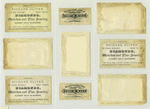 Cigarette cards entitled 'between the acts and bravo' of Mary Anderson and Mlle Sarah Berhardt ; trade cards depicting a woman trying on stockings, a women dancing with a hosiery hat, fans, a bee, a women in a new suit, sailboats, curtains, a nude boy, a vase of flowers, miniature boys cooling a pie.