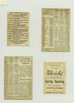 Trade cards depicting horse riding, hunting dogs, fence, crane, pyramids, sphinx, curtain and a woman in a flowing dress.
