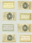 Trade cards depicting sailboats, a deer, flowers, ocean waves, chicks, birds, a birdhouse, a girl feeding birds, a bee, a butterfly and a stream in a forest ; Versos depicting coins.