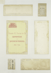 Trade cards depicting flowers, insects, a sailboat, a waiter and statuary of a woman and the cross.