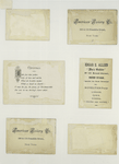 Christmas and trade cards depicting flowers, holly, birch bark, bees, toys, a woman with a net and a baby crawling.