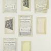 Trade cards depicting miniature woodland people, bees, birds, insects, a rabbit, flowers, trees, snow and a net.