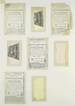 Trade cards depicting miniature woodland people, bees, birds, insects, a rabbit, flowers, trees, snow and a net.