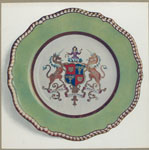 Felspar porcelain plate. (Part of a service at the Goldsmith's Company decorated with the Arms of the Company in colours and gilded. Having apple-green border with gadrooned edge)