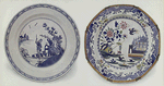Nankin plate (with man in boat with canopy and sail, pushing off with pole from bank. With flight of ducks and pagoda in distance. Painted in blue, underglaze); Old Spode stone China plate (with man in boat with canopy and sail, pushing off with pole. Having fish and ducks in foreground and Gothic castle in distance. Decorated in colours and gilded.) Showing the Spode manner of translation from Chinese prototype