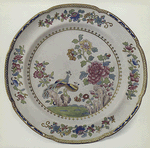 Old Spode stone China plate. (Decorated with figures of birds and with peonies in colours, known as the "Spode Peacock" pattern. No. 2118 in the old Pattern Book)