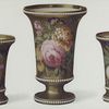Set of vases. (Painted with exquisite fruit and flower subjects on a gold ground, with jewelled white ornament in relief at rim and base and foot. Height of centre vase 6-1/2 in. Marked "SPODE" 711 in red