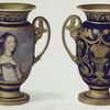 Vase. Showing obverse and reverse, the latter with typical First Empire gilded decoration. Painted with figure subject of lady with hawk. On base is inscribed - "A Merlin small she held upon her Handle,/ With Hoode and Jesses gallantlie bedighte,/ But little did she neede or Hoode or Bande,/ Could he but gaze on her, full safe were he from flyghte" (Old Ballad). Marked "SPODE" in black. H. 8 in.