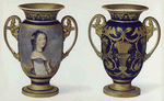 Vase. Showing obverse and reverse, the latter with typical First Empire gilded decoration. Painted with figure subject of lady with hawk. On base is inscribed - "A Merlin small she held upon her Handle,/ With Hoode and Jesses gallantlie bedighte,/ But little did she neede or Hoode or Bande,/ Could he but gaze on her, full safe were he from flyghte" (Old Ballad). Marked "SPODE" in black. H. 8 in.
