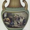 Vase. Green ground with panel painted with Teniers subject of boors carousing in a tavern. Having enamelled imitation of white embossed jewelled ornament. Neck with striated ornament in dull gilding. Haldles, rim and foot similarly gilt. Having First Empire emblems on reverse. (In the collection of T.G. Cannon, Eqs.)