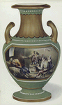 Vase. Green ground with panel painted with Teniers subject of boors carousing in a tavern. Having enamelled imitation of white embossed jewelled ornament. Neck with striated ornament in dull gilding. Haldles, rim and foot similarly gilt. Having First Empire emblems on reverse. (In the collection of T.G. Cannon, Eqs.)