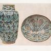Case A,1. Syrian Albarello, turquoise and black. Height, 12-1/4 in.; diam., 6-3/4 in., 13th c. ; Case A,7. Bowl, turquoise and black. Height, 4-1/4 in., diameter, 10 in., 13th c.