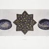Case B,8. Persian bowl, white on blue, 14th c. Height, 1-3/4 in., diameter, 5-1/2 in. ; Case B,18. Persian star tile, gold on blue, 14th c. Diameter, 7-7/8 in. ; Case B,11. Persian bowl, white on blue, 14th c. Height, 2 in., diameter, 5-1/2 in.