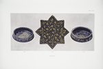 Case B,8. Persian bowl, white on blue, 14th c. Height, 1-3/4 in., diameter, 5-1/2 in. ; Case B,18. Persian star tile, gold on blue, 14th c. Diameter, 7-7/8 in. ; Case B,11. Persian bowl, white on blue, 14th c. Height, 2 in., diameter, 5-1/2 in.