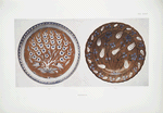 Case T,4. Rhodian dish, white on bright red ground, 16th c. Diameter 12-3/8 in.; Case O,4. Rhodian dish, blue and white, chocolate ground, 16th c. Diameter, 12 in.