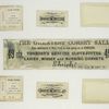 Cigarette cards entitled 'between the acts & bravo' of Minnie Cummings and Maud Granger ; trade cards depicting birds, Santa Clause, gifts, chimneys, a reindeer drawn sleigh, the ocean, a woman and child being saved by a man using a basket and pulley device.