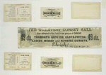 Cigarette cards entitled 'between the acts & bravo' of Minnie Cummings and Maud Granger ; trade cards depicting birds, Santa Clause, gifts, chimneys, a reindeer drawn sleigh, the ocean, a woman and child being saved by a man using a basket and pulley device.