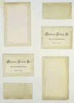 Trade cards depicting frogs, leapfrog, cows, a sailboat, strawberries, birch bark and flowers.