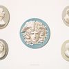 Plaque (in centre) and four medallions in jasper. (Plaque - height, 4-3/4 in.; medallions - about 3-5/8 x 2-3/4 inches.)