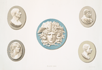 Plaque (in centre) and four medallions in jasper. (Plaque - height, 4-3/4 in.; medallions - about 3-5/8 x 2-3/4 inches.)