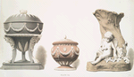 Three vases in jasper, blue, purple and olive-green grounds. (L to R: 8-1/2 in. high and 5-1/2 in. diameter. Probable date, 1789; 5 in. high. Probabale date, 1790; 8-3/4 in. high. Probable date, 1782)