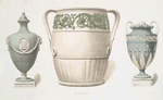 Wine cooler or jardiniére in white (in centre), and two vases in blue jasper. (L to R: 11-1/2 in., prob. date, 1781; 9 in. high, 7-1/4 in. in diameter. Prob. date, 1790; 12 in. high. Probable date 1781.)