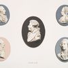 Five portraits. Jasper. Louis XVI and Marie Antoinette (left and right at top, 3-1/2 x 3 in. each); The Duke of Bridgewater (centre, 5-1/4 x 4-1/4 in. Probable date, 1789); Edmund Burke (left, 4 x 3 in., 1790); William Pitt (right. Probable date, 1785.)