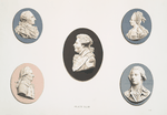 Five portraits. Jasper. Louis XVI and Marie Antoinette (left and right at top, 3-1/2 x 3 in. each); The Duke of Bridgewater (centre, 5-1/4 x 4-1/4 in. Probable date, 1789); Edmund Burke (left, 4 x 3 in., 1790); William Pitt (right. Probable date, 1785.)