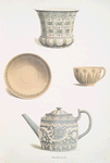 A cup and saucer, flower pot, and teapot. Jasper.