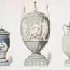 Three vases in dark and light blue jasper. (Vase of Etruscan form, centre - 13-1/2 in. high and 6-1/4 in. at greatest diameter. Probable date, 1789 ; Vase on left - 10 in. high. Probable date, 1786; Vase on right - 9-1/2 in. high. Probable date, 1789.)