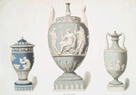 Three vases in dark and light blue jasper. (Vase of Etruscan form, centre - 13-1/2 in. high and 6-1/4 in. at greatest diameter. Probable date, 1789 ; Vase on left - 10 in. high. Probable date, 1786; Vase on right - 9-1/2 in. high. Probable date, 1789.)