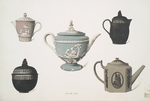 Five déjeûner pieces. Jasper and basalt. (Centre: a large teapot, 5-1/2 in. diameter, probable date, 1790; left, at bottom : basalt sucrier and cream ewer. Probable date, 1792; left, at top: cream ewer and cover. Probable date, 1792; right, at bottom: teapot. Probable date, 1789.)