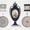 Périod révolutionnaire. Musée Carnavalet: Fleurs par Mme Binet. - Dorure de Chauveau jeune (top left); Musée Carnavalet: Décoration de Pithou jeune. - Dorure de Vincent (top right); Musée Carnavalet (Ancient collection Wattelin): Cartel peint par Dodin. - Dorure de Vincent (centre); Collection de M. Sichel: Fleurs par Mérault jeune. - Décoration et dorure de Chauveau (bottom left); Collection de M. Sichel: Décoration de Pithou jeune (bottom right).
